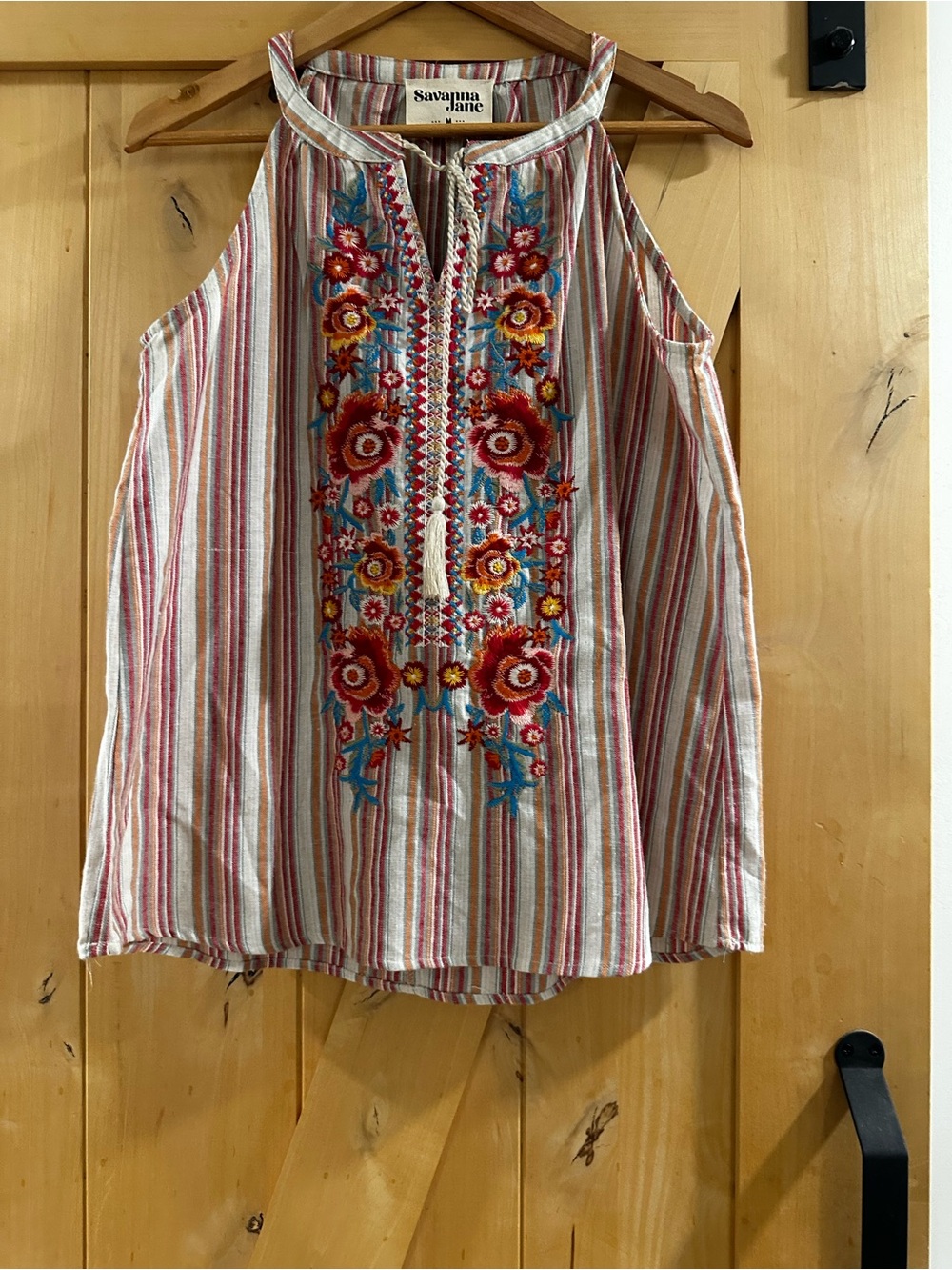 Savanna Jane Cream and Pink Striped Embroidered Halter Top